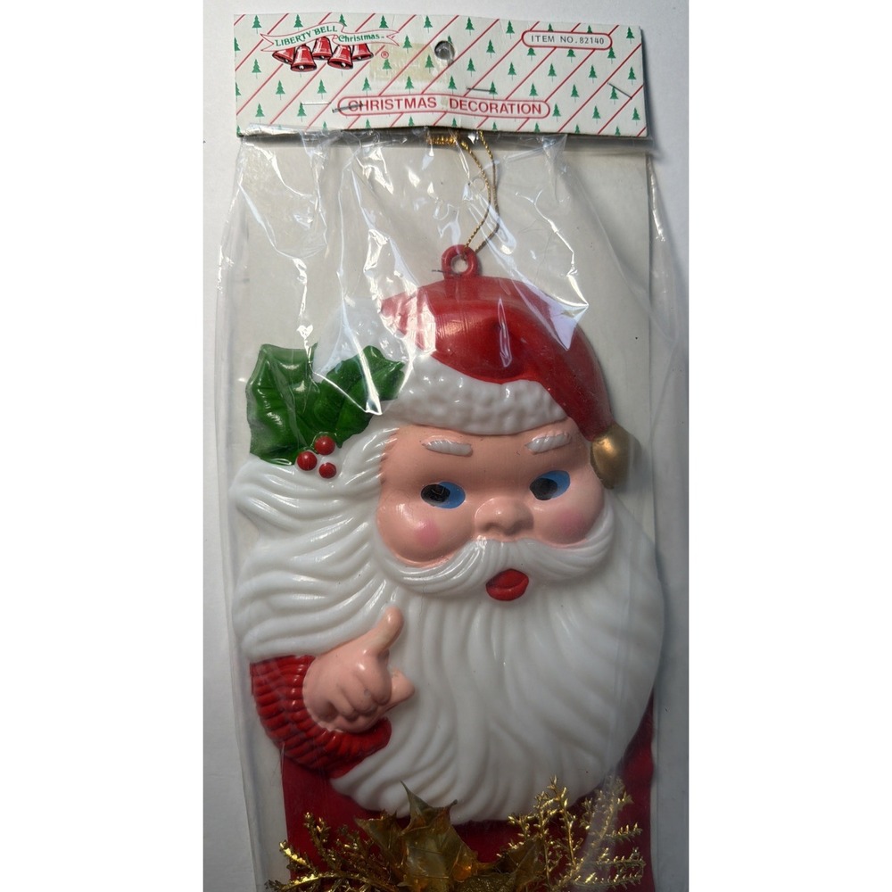 VTG Blow Mold Santa Claus Face Plastic Flocked Christmas Wall Hanging NOS